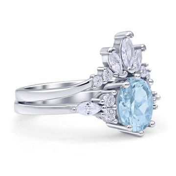 Two Piece Oval Vintage Style Bridal Engagement Ring Simulated Aquamarine 925 Sterling Silver Wholesale